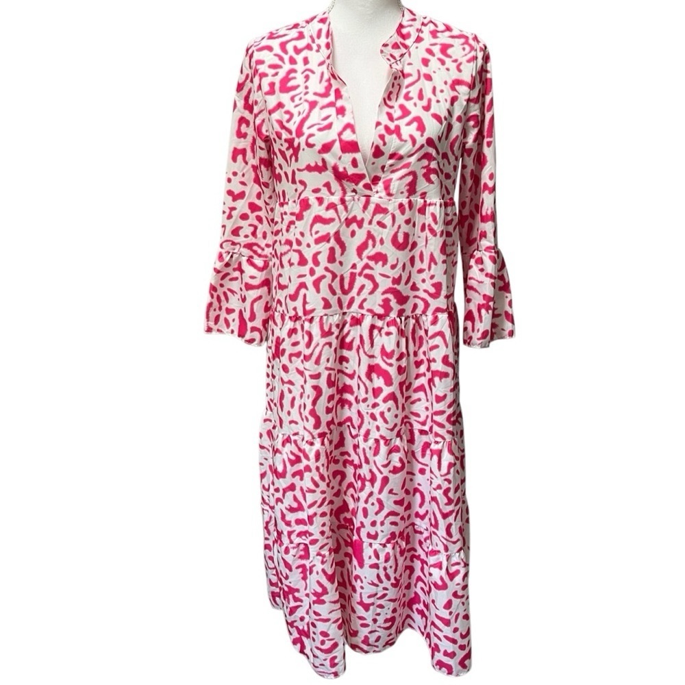 Pink and White Patterned 3/4 Sleeve Women's Dress